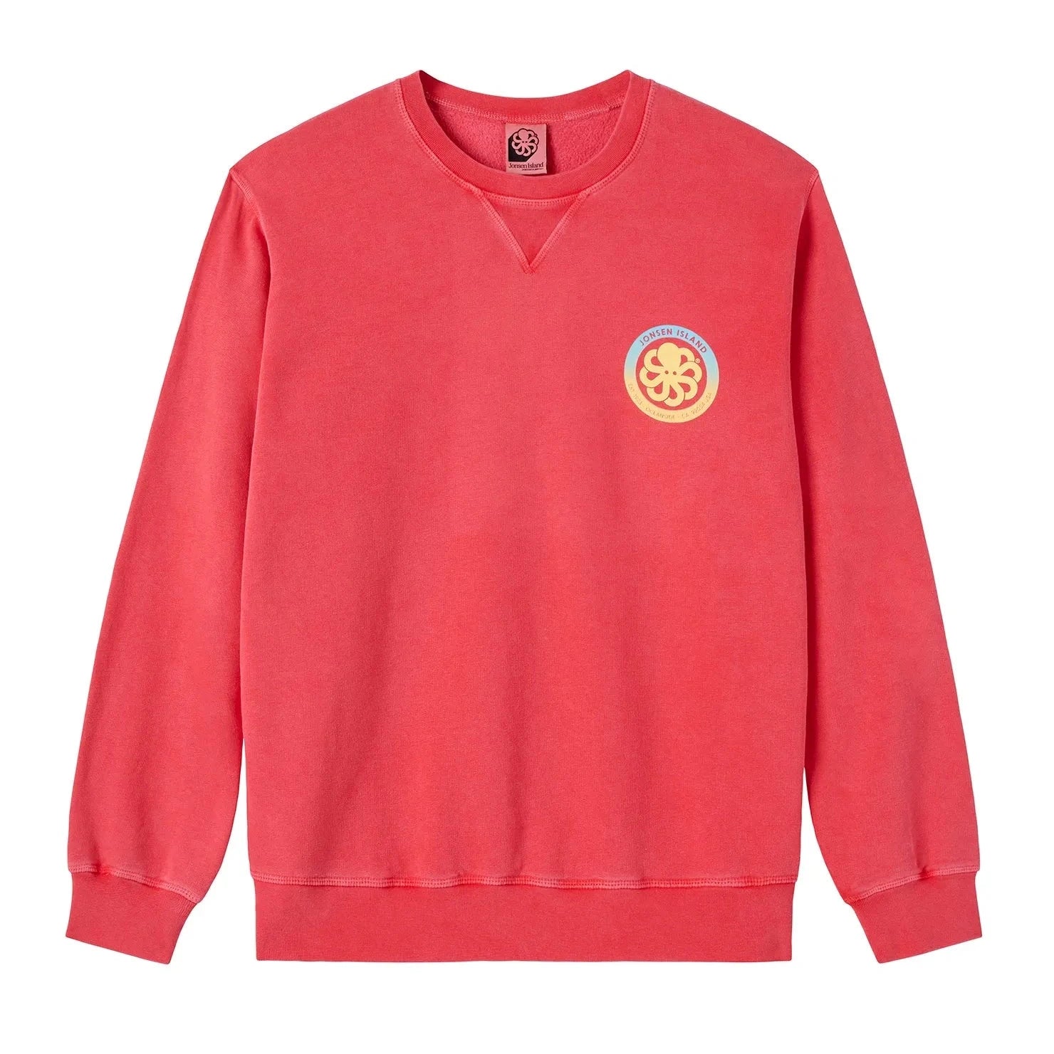 Sweatshirt surfwear Jonsen Island rouge délavé sur fond blanc, petit logo poulpe circulaire positionné sur la poitrine
