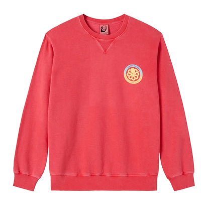 Sweatshirt surfwear Jonsen Island rouge délavé sur fond blanc, petit logo poulpe circulaire positionné sur la poitrine