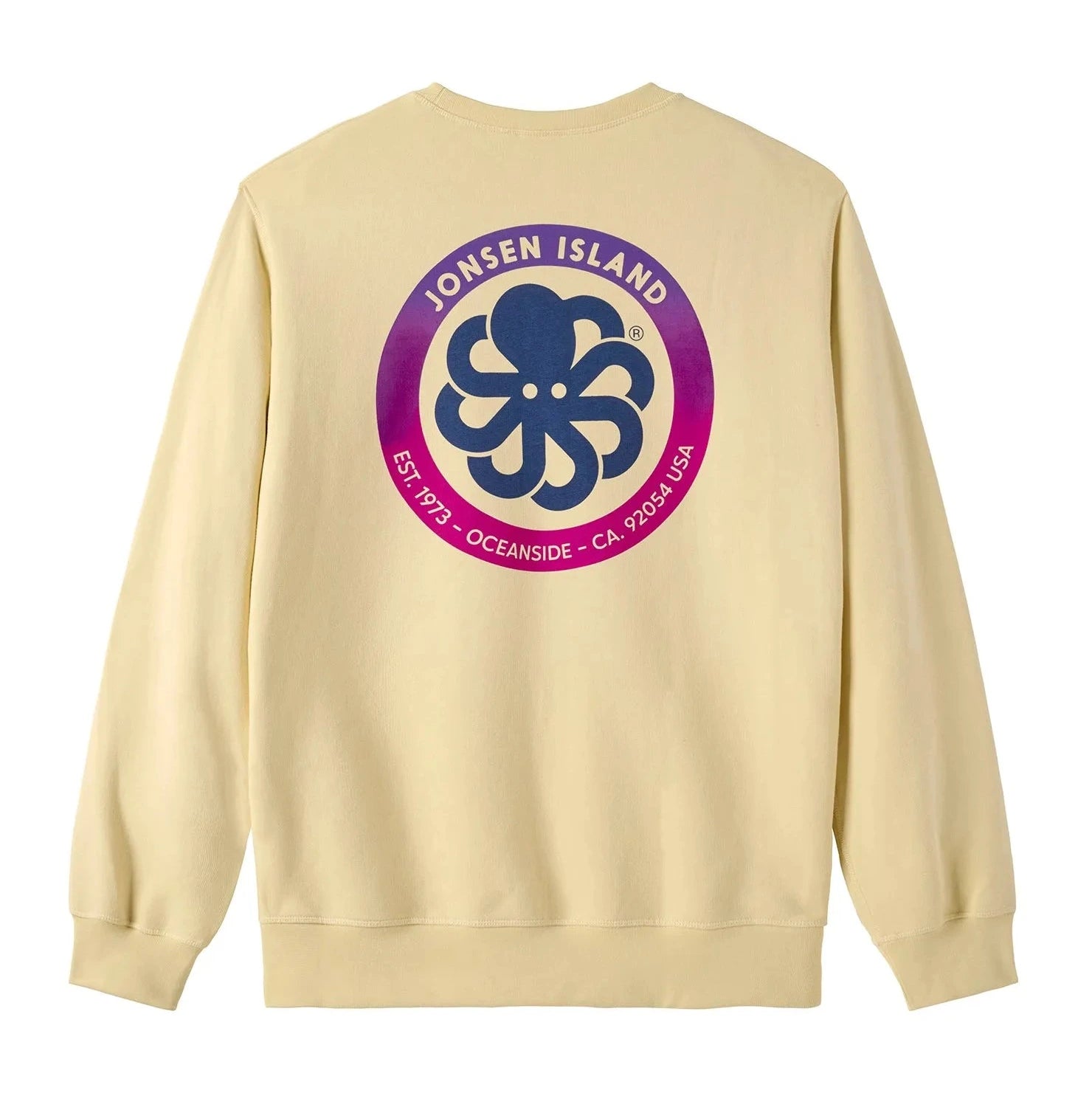 Dos du Gustavo Authentic, large logo rond Jonsen Island avec pieuvre centrale et anneau bicolore bleu marine et rose