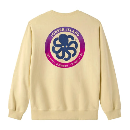Dos du Gustavo Authentic, large logo rond Jonsen Island avec pieuvre centrale et anneau bicolore bleu marine et rose