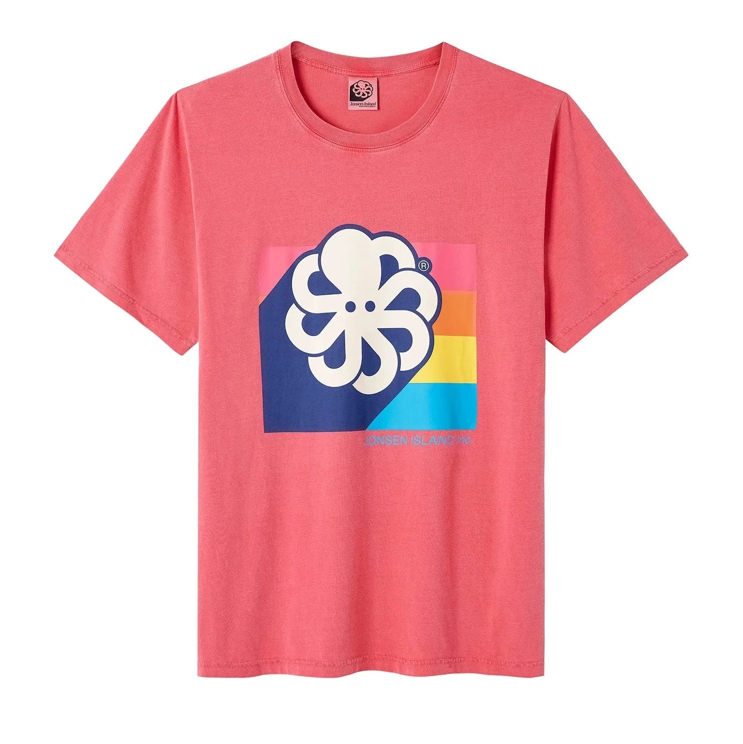 tee shirt rouge jonsen island homme 3d colors vue de face avec poulpe et bandes multicolores 