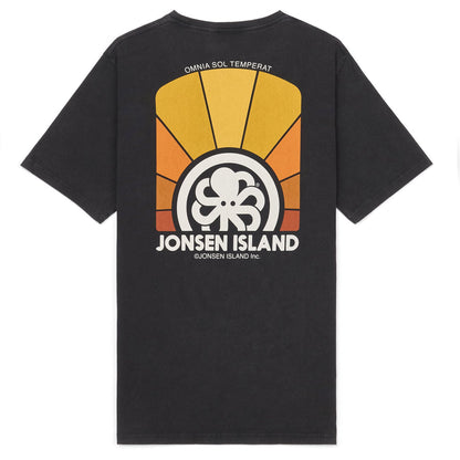 tee shirt noir jonsen avec gros motif jaune et orange dans le dos