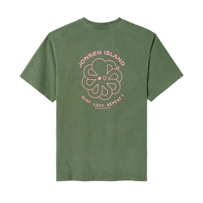 t-shirt jonsen island women vert slr vue de dos avec poulpe rose et inscriptions en cercle autour vue de dos
