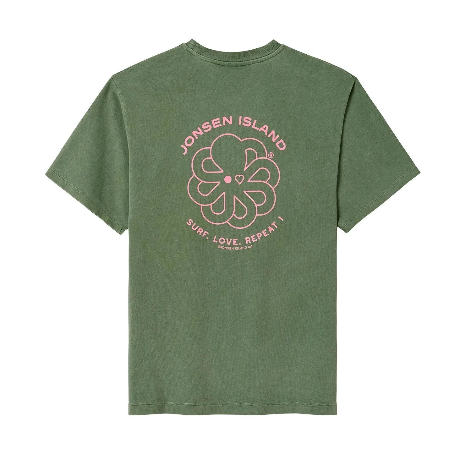 t-shirt jonsen island women vert slr vue de dos avec poulpe rose et inscriptions en cercle autour vue de dos
