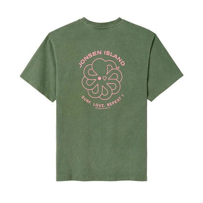 t-shirt jonsen island women vert slr vue de dos avec poulpe rose et inscriptions en cercle autour vue de dos