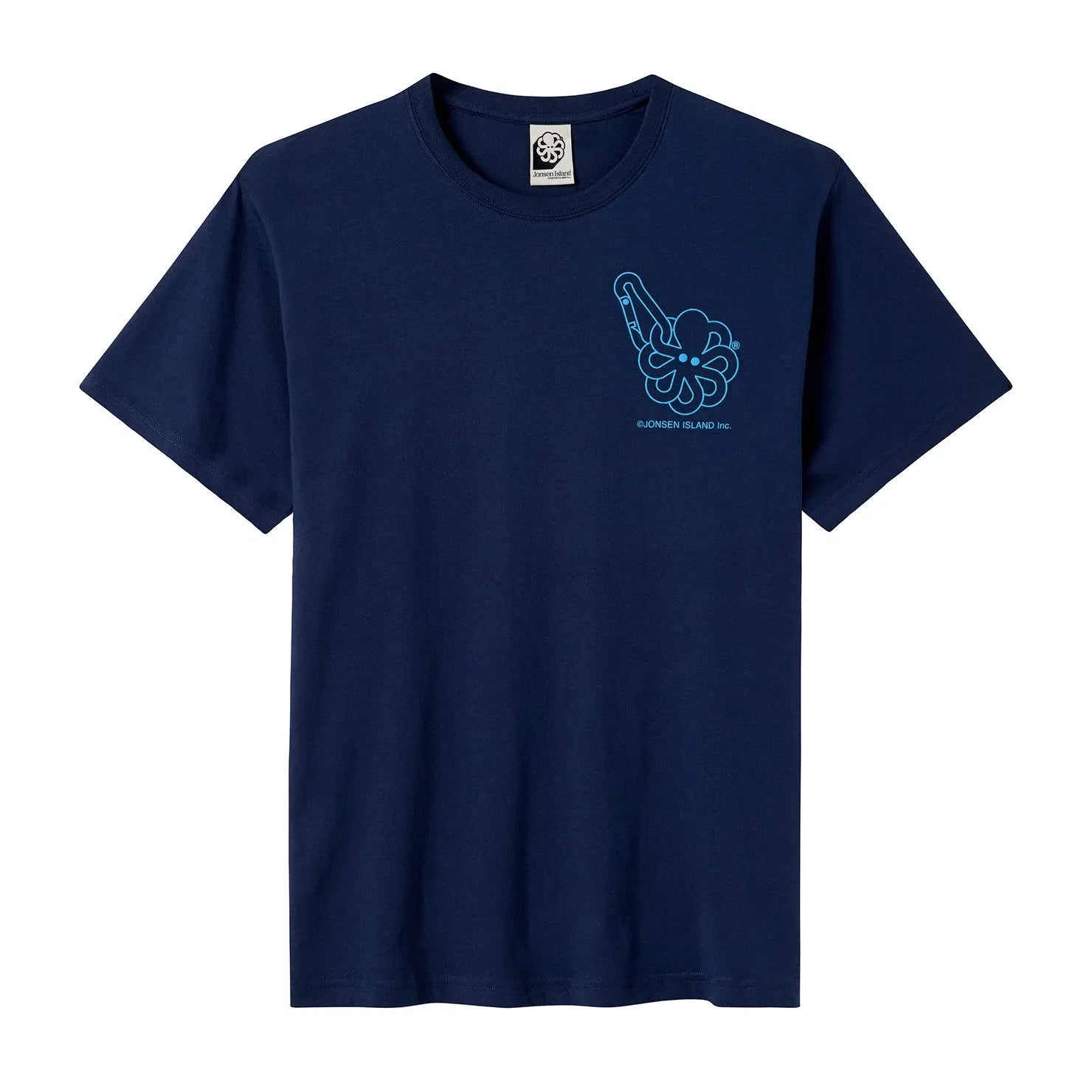 t-shirt jonsen island homme bleu hiking crew manches courtes vue de face poulpe bleu sur le coeur en forme de mousqueton