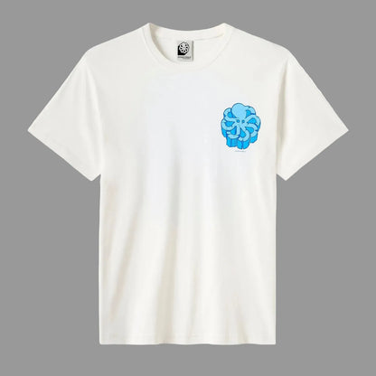 t-shirt jonsen island homme blanc big stone age manches courtes vue de face poulpe bleu sur le coeur
