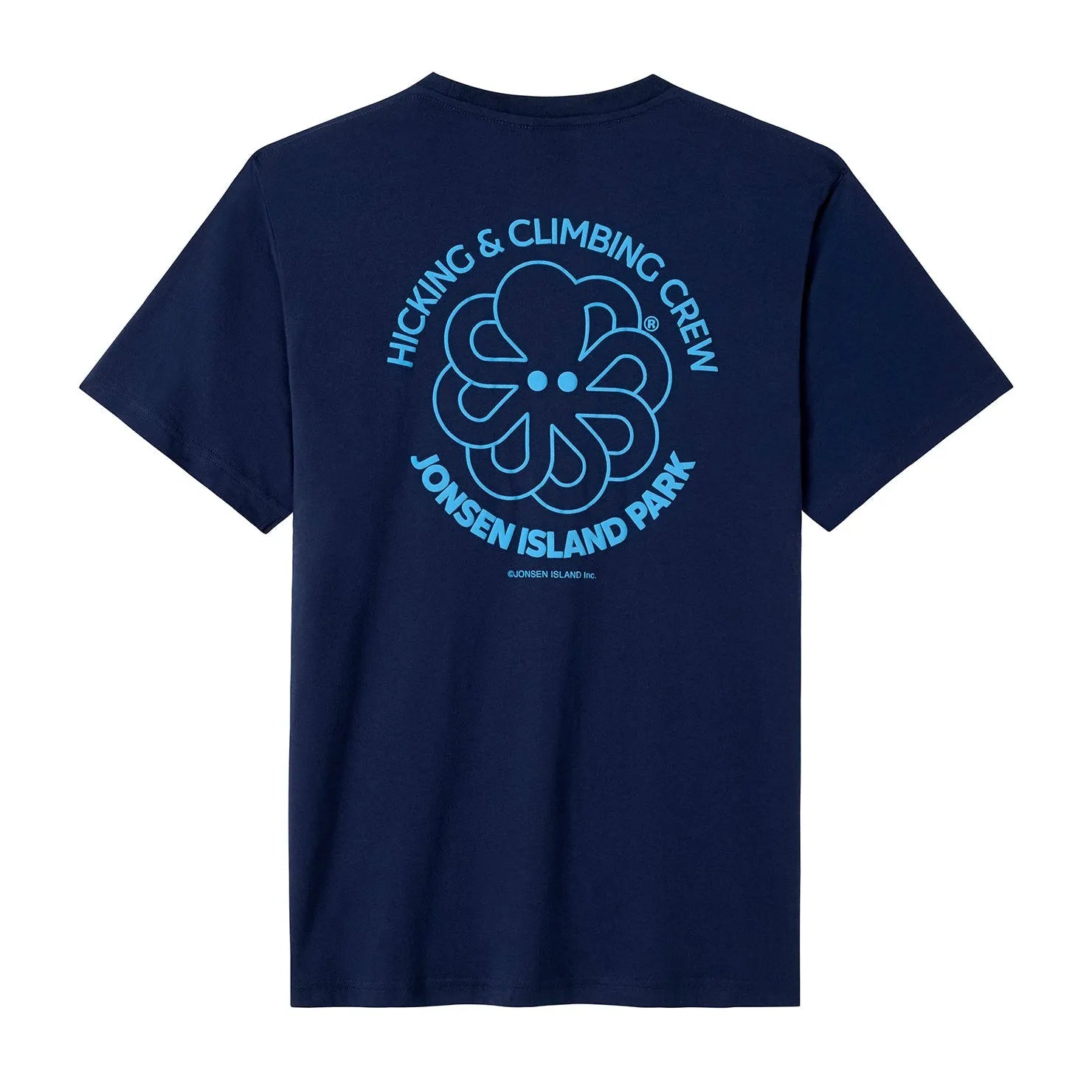 t-shirt jonsen island homme bleu hiking crew vue de dos avec poulpe et inscriptions en cercle autour