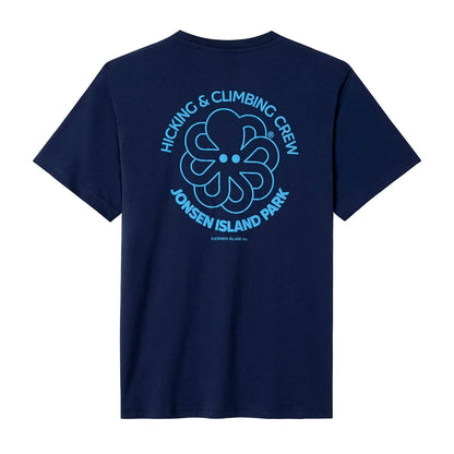t-shirt jonsen island homme bleu hiking crew vue de dos avec poulpe et inscriptions en cercle autour