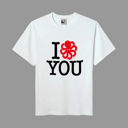 t-shirt jonsen island women blanc vue de face avec poulpe rouge et texte i love you noir 