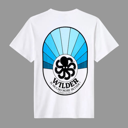 t-shirt jonsen island homme blanc mucho better vue de dos avec poulpe noir et bandes bleues