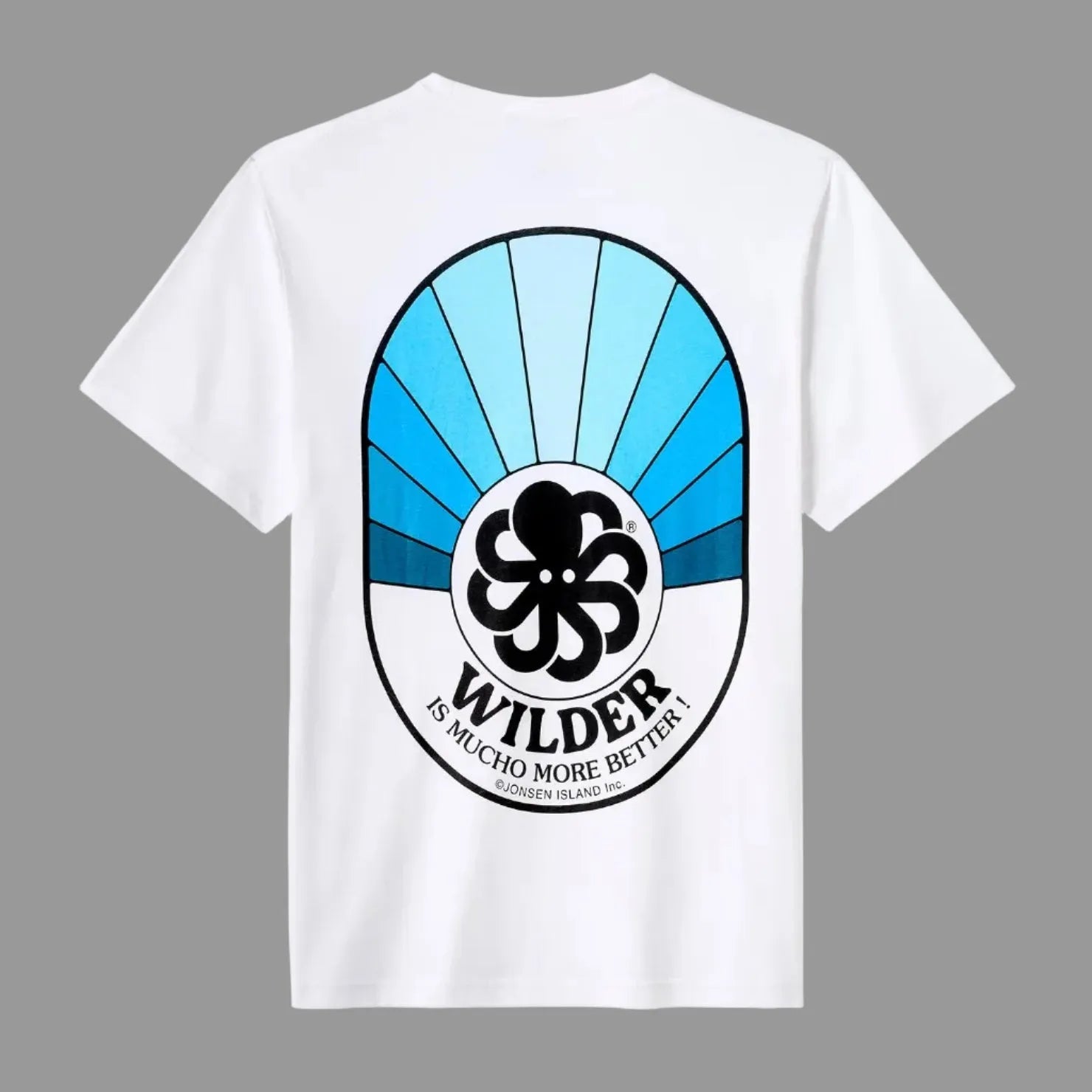 t-shirt jonsen island homme blanc mucho better vue de dos avec poulpe noir et bandes bleues