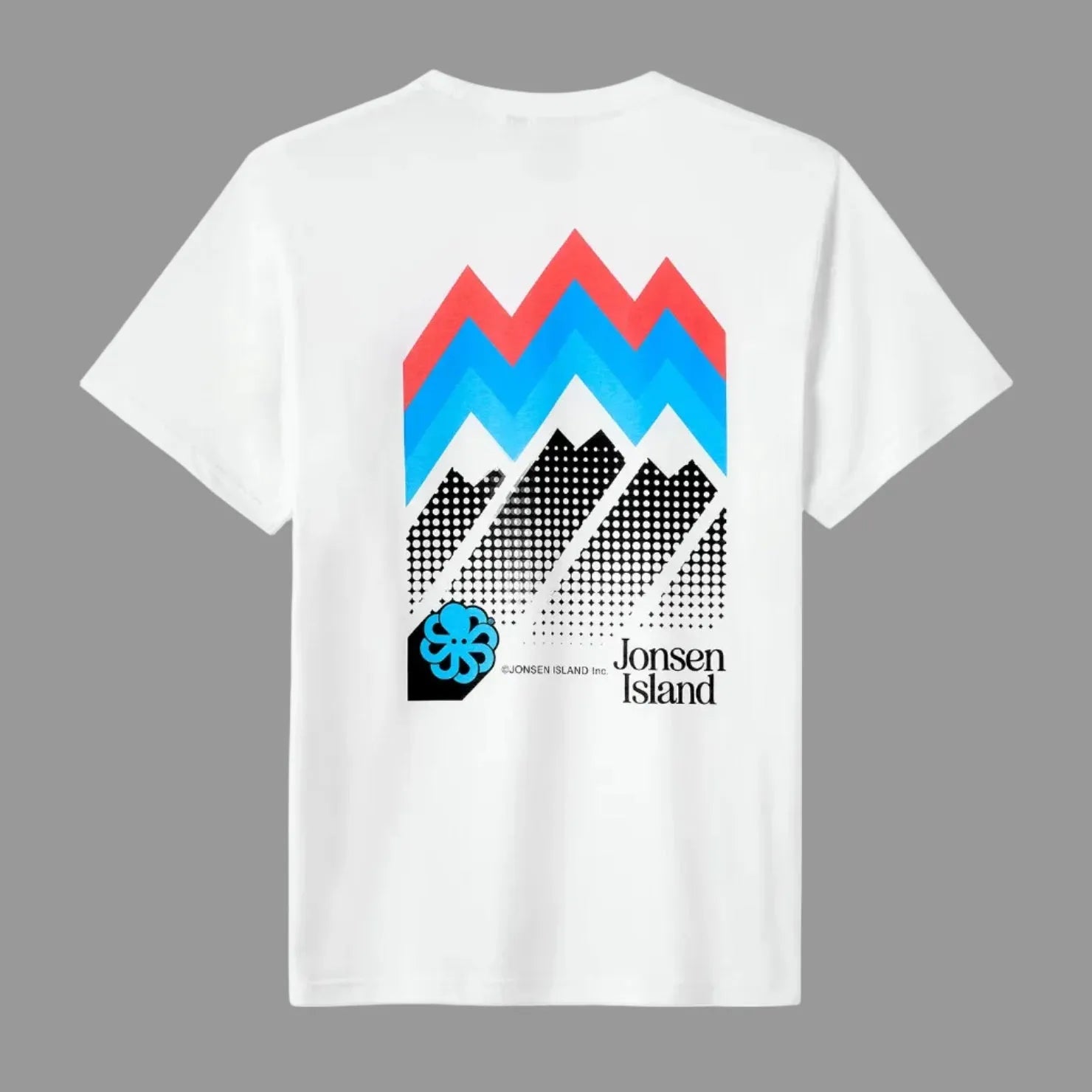 t-shirt blanc jonsen island homme vue de dos avec poulpe bleu et bandes rouges et bleues
