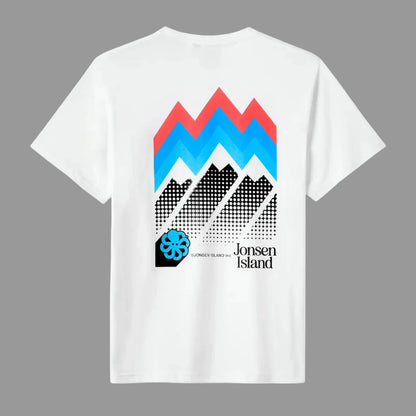 t-shirt blanc jonsen island homme vue de dos avec poulpe bleu et bandes rouges et bleues
