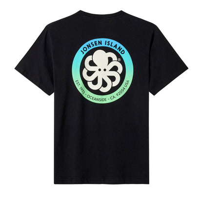 t-shirt jonsen island homme noir  authentic vue de dos rond dégradé vert et bleu et poulpe blanc