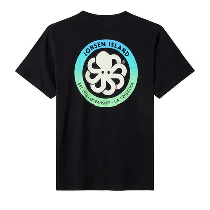 t-shirt jonsen island homme noir  authentic vue de dos rond dégradé vert et bleu et poulpe blanc