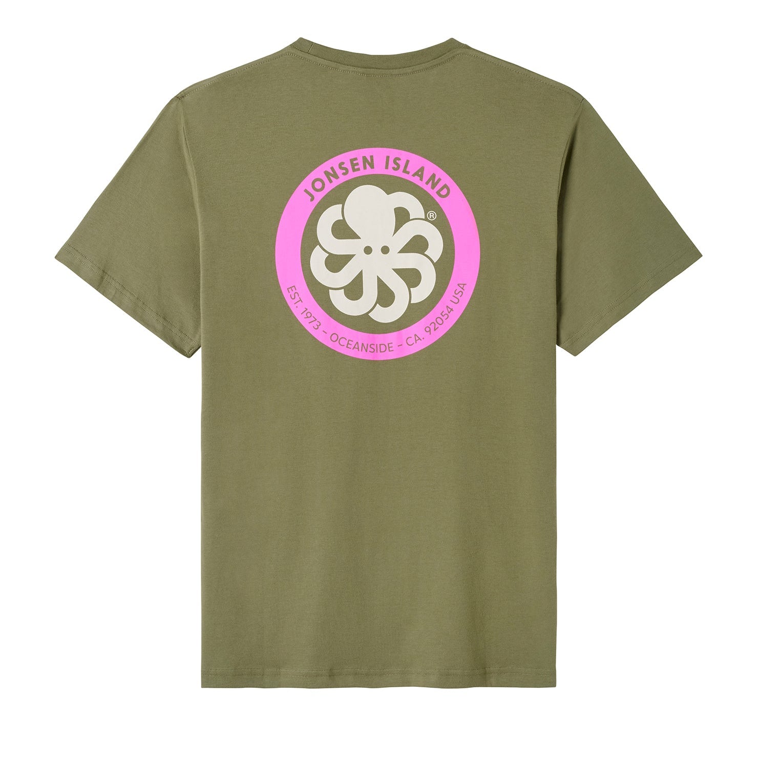 t-shirt jonsen island homme kaki authentic vue de dos rond rose et poulpe blanc