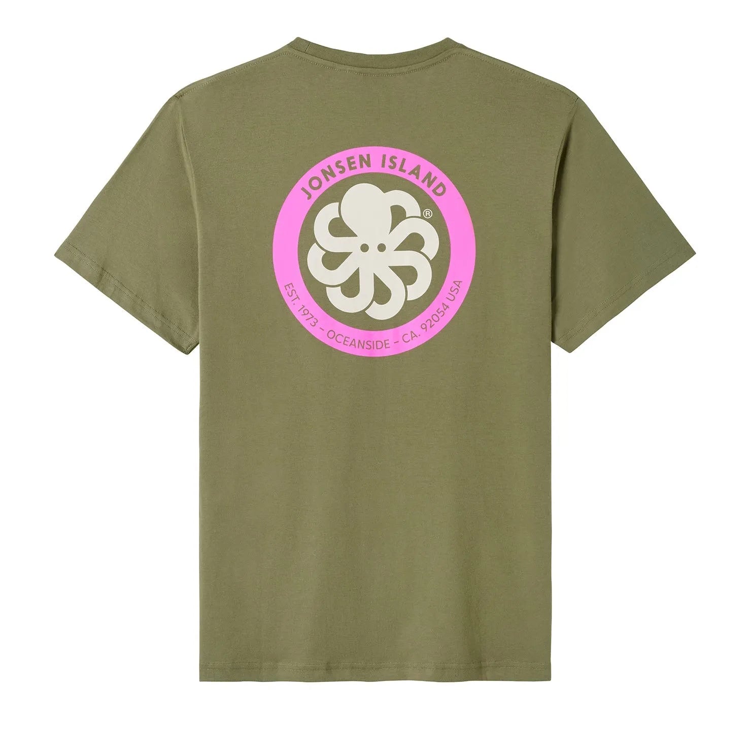 t-shirt jonsen island homme kaki authentic vue de dos rond rose et poulpe blanc