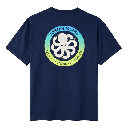 t-shirt jonsen island homme bleu navy authentic oversize vue de dos rond dégradé vert et jaune et poulpe blanc