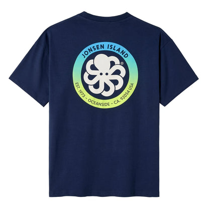 t-shirt jonsen island homme bleu navy authentic oversize vue de dos rond dégradé vert et jaune et poulpe blanc