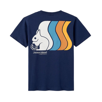 tee shirt enfant bleu jonsen island avec ecureuil blanc bleu orange et jaune vue de dos