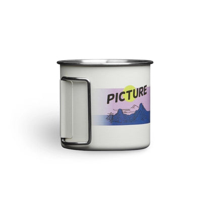 tasse blanche avec logo rose et bleu vue de face avec anse repliee 