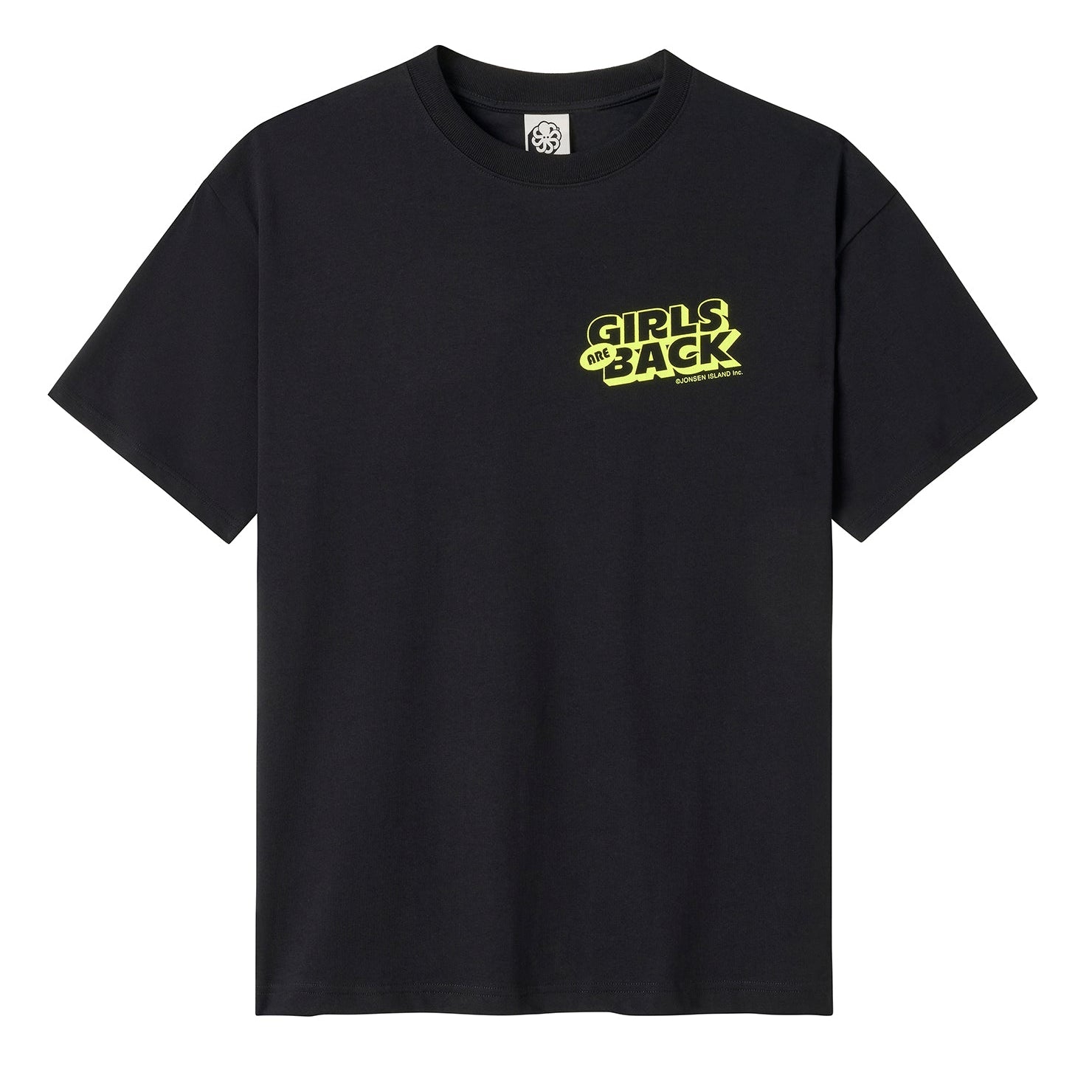 tee shirt oversize noir jonsen island avec logo coeur jaune style bd vue de face