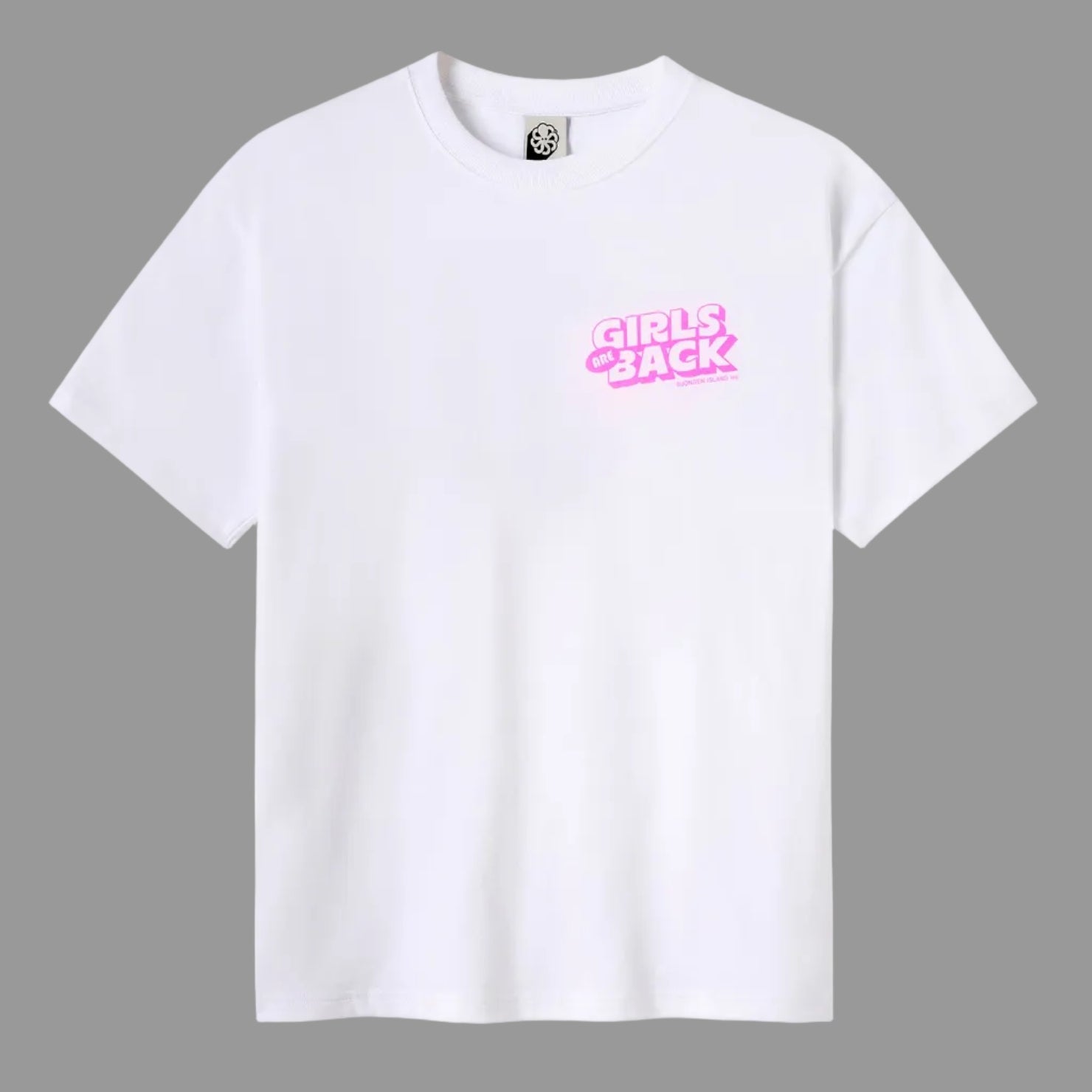 tee shirt oversize blanc jonsen island avec logo coeur rose style bd vue de face