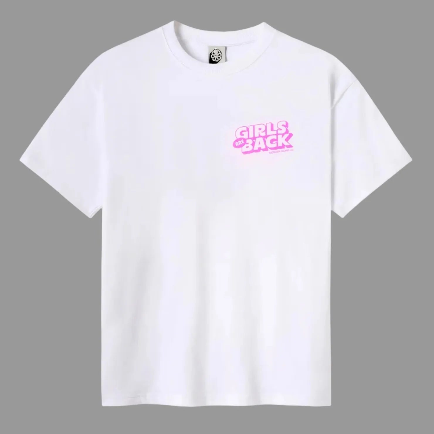 tee shirt oversize blanc jonsen island avec logo coeur rose style bd vue de face