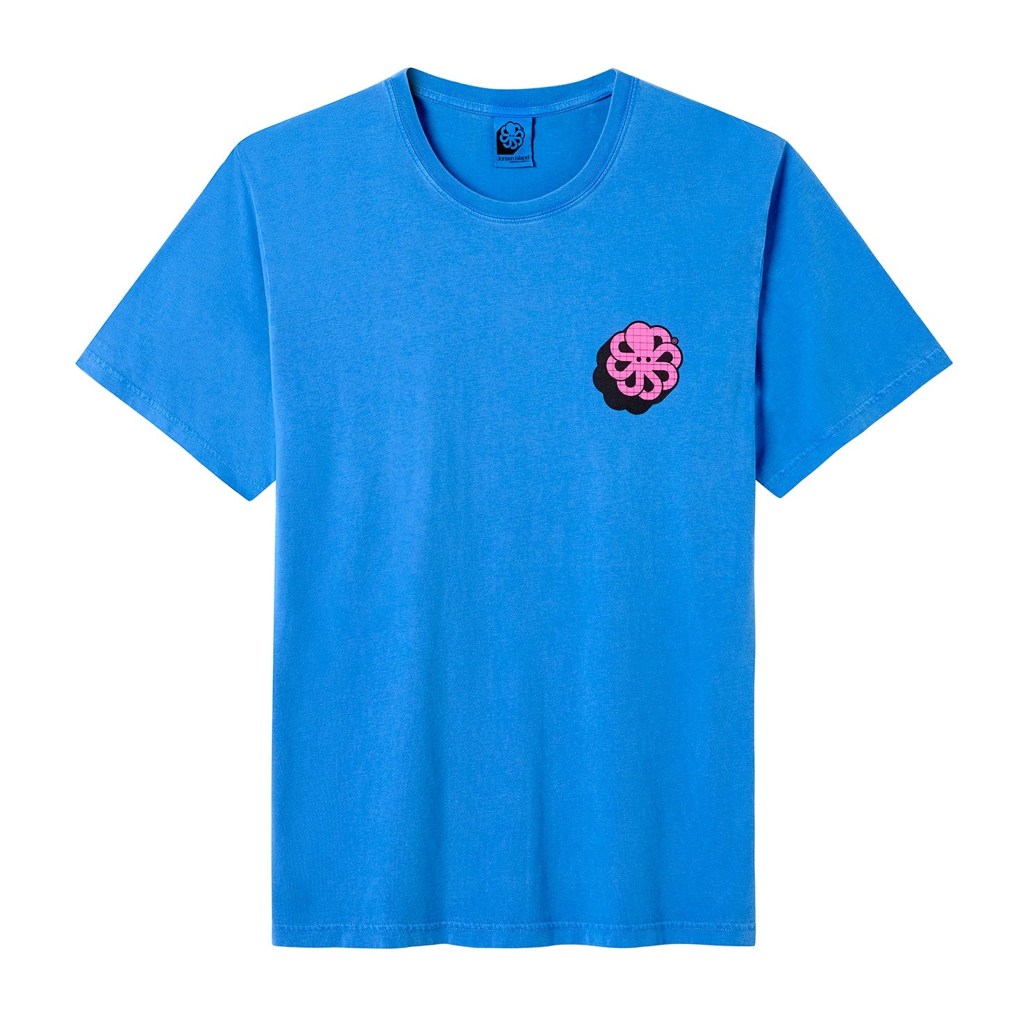 t-shirt jonsen island homme bleu big 3d manches courtes vue de face logo pieuvre rose sur le coeur