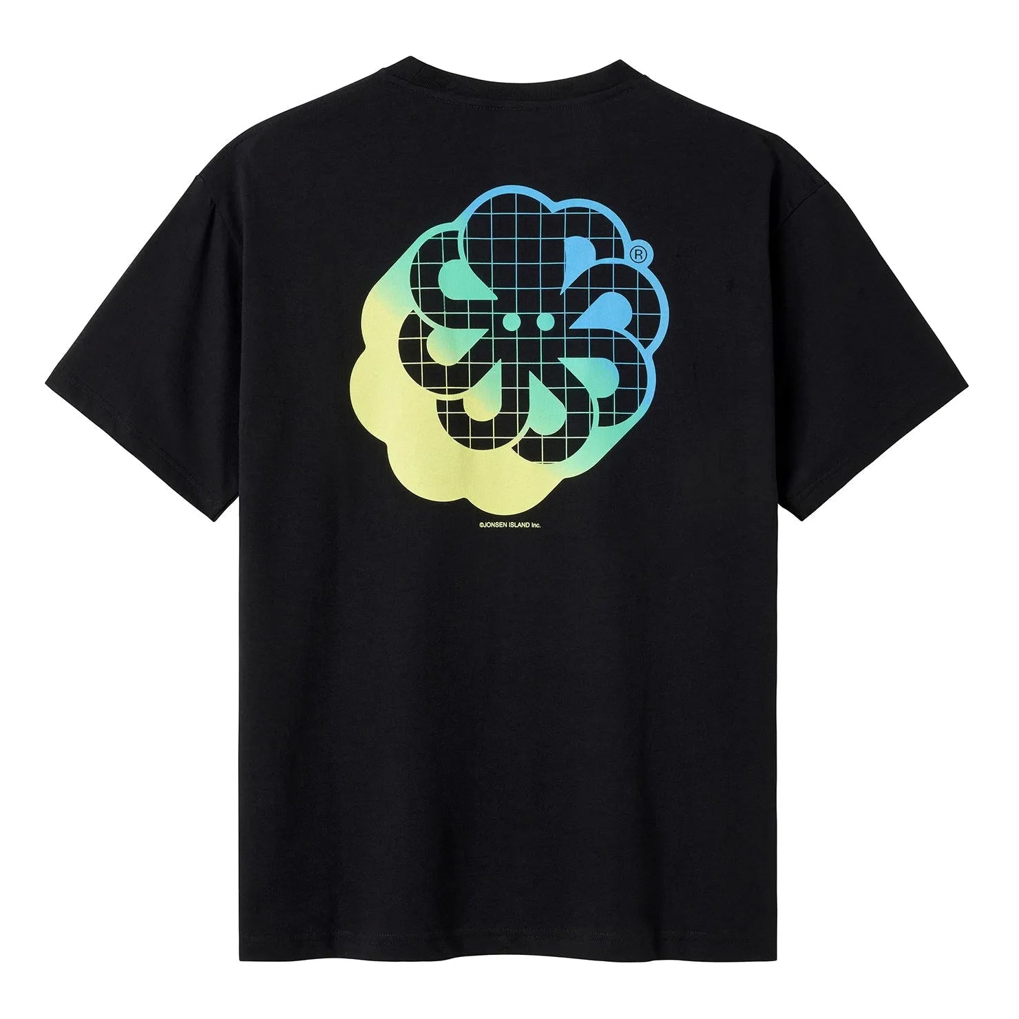 tee shirt confort noir jonsen island avec poulpe dégradé jaune et vert vue de dos