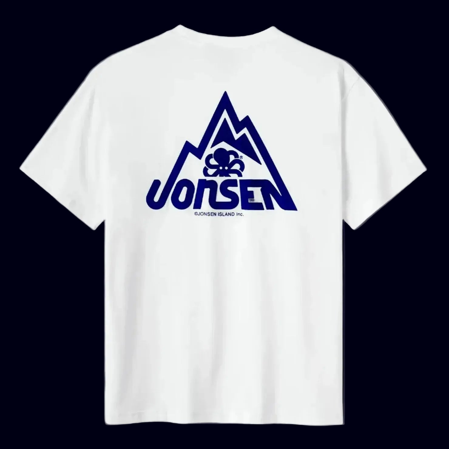 tee shirt confort noir jonsen island avec poulpe bleu et montagne stylisée bleue vue de dos