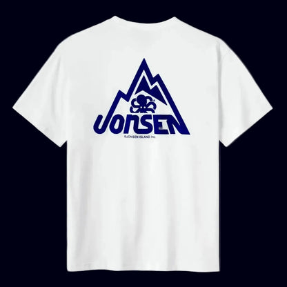 tee shirt confort noir jonsen island avec poulpe bleu et montagne stylisée bleue vue de dos