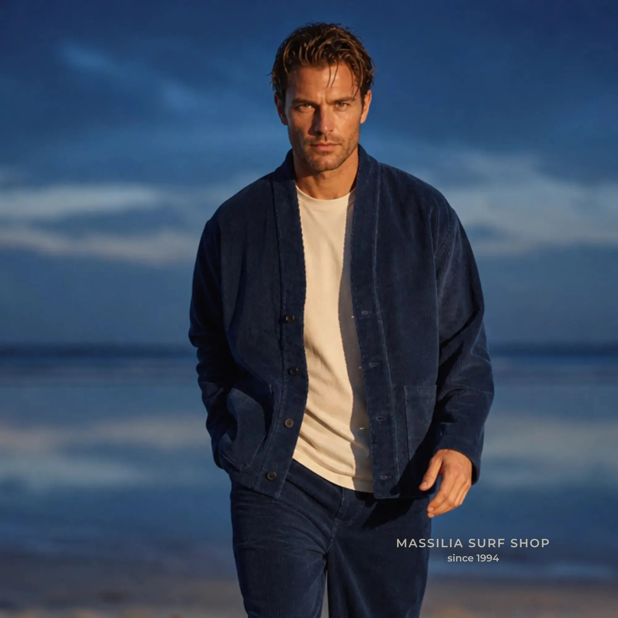 veste velours homme bask in the sun ruben portée sur la plage 