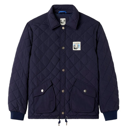 Big Sur navy sur fond blanc, veste matelassée à boutons-pression avec poches à rabat et finitions contrastées