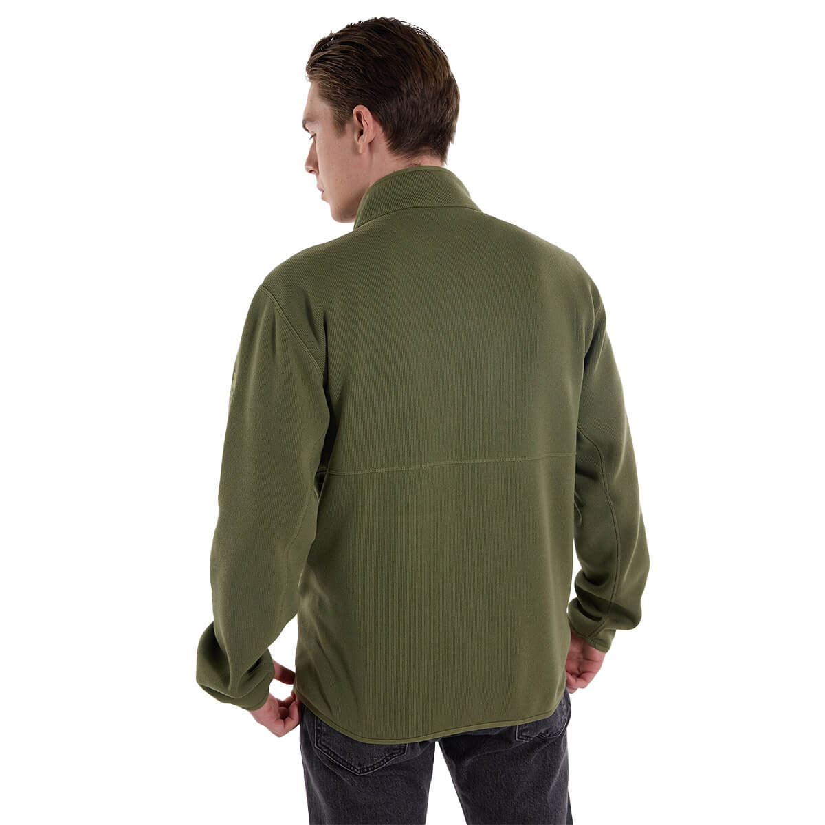 Veste polaire Burton Runin homme Forest Moss portée de dos, coupe régulière, col montant et manches longues, avec pantalon foncé.