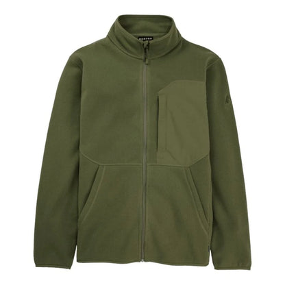 Veste polaire zippée Burton Runin homme Forest Moss vue de face, col montant, poche poitrine contrastée et deux poches basses.