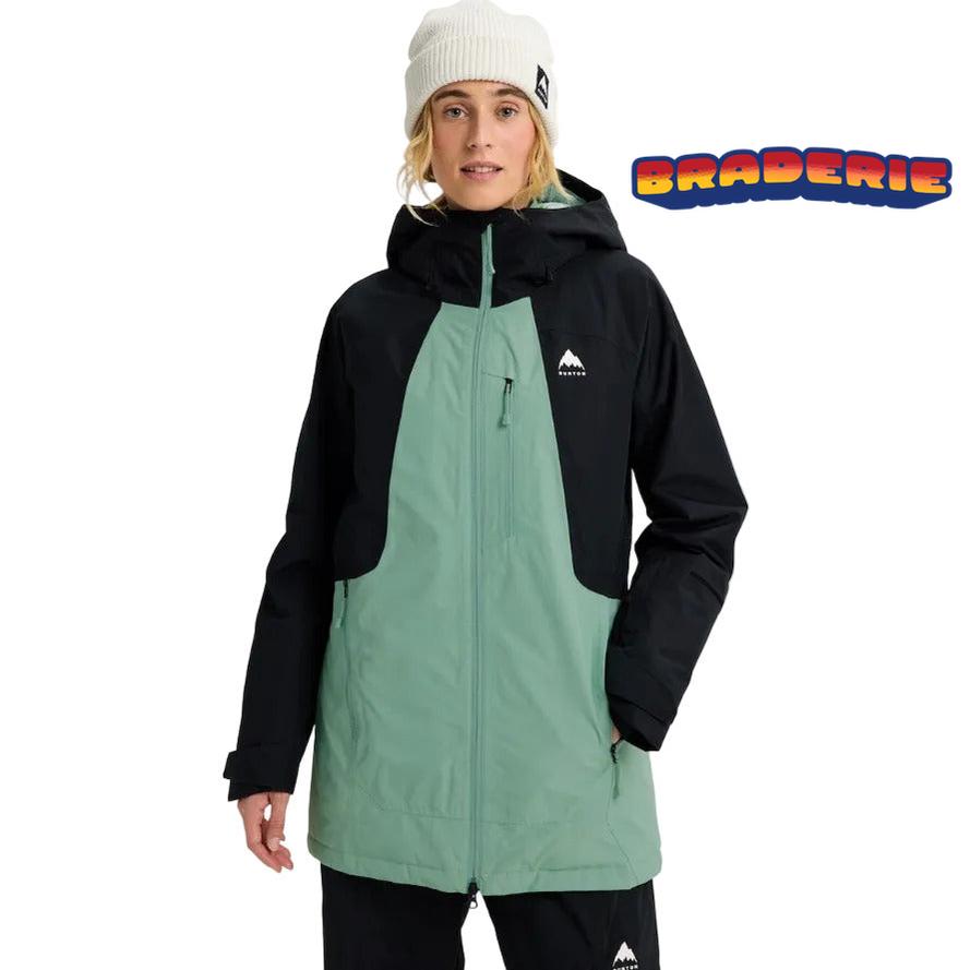 Veste de neige femme Burton Reserve 2L Insulated Jacket True Black Soft Sage vue de face avec capuche et coupe longue