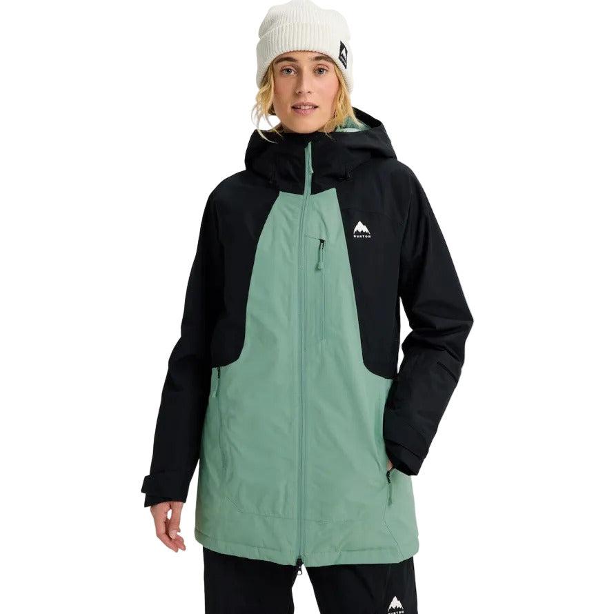 Veste de neige femme Burton Reserve 2L Insulated Jacket True Black Soft Sage vue de face avec capuche et coupe longue