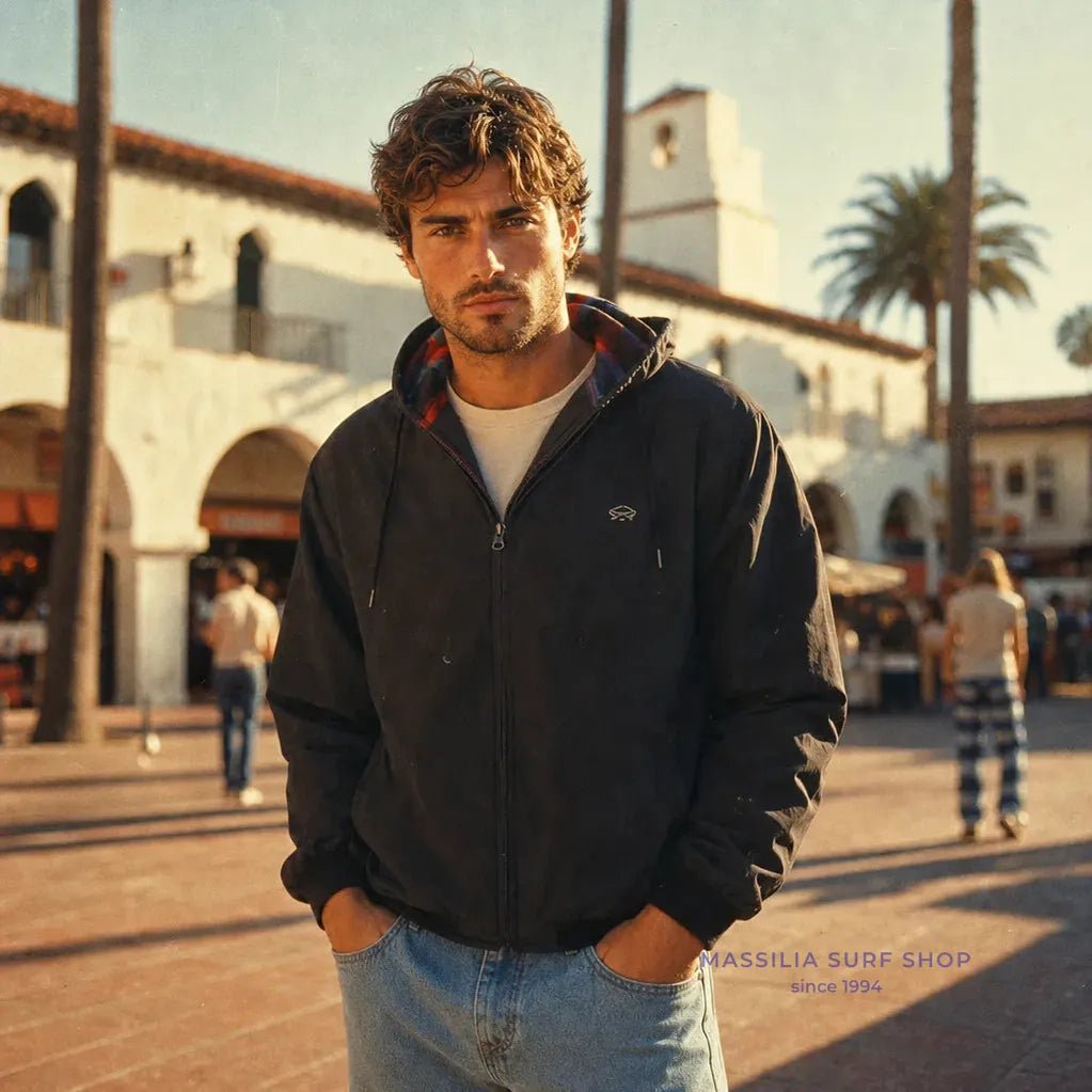 homme portant blouson noire vissla sequoia lifestyle