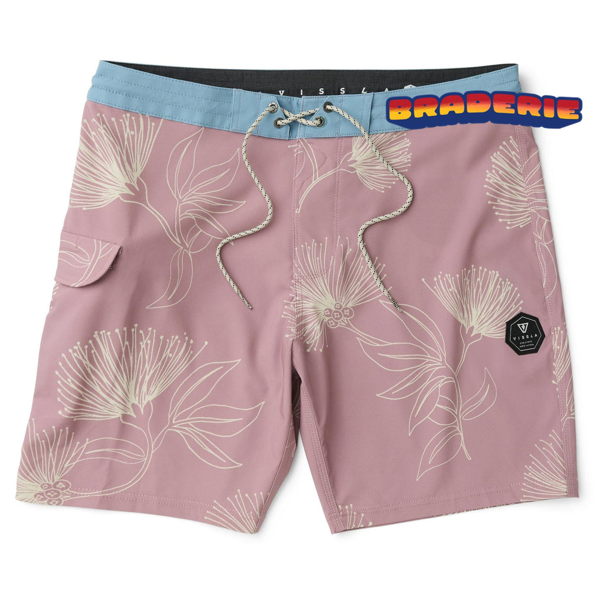 maillot de surf rose motif blanc et ceinture bleue vissla homme vue de face