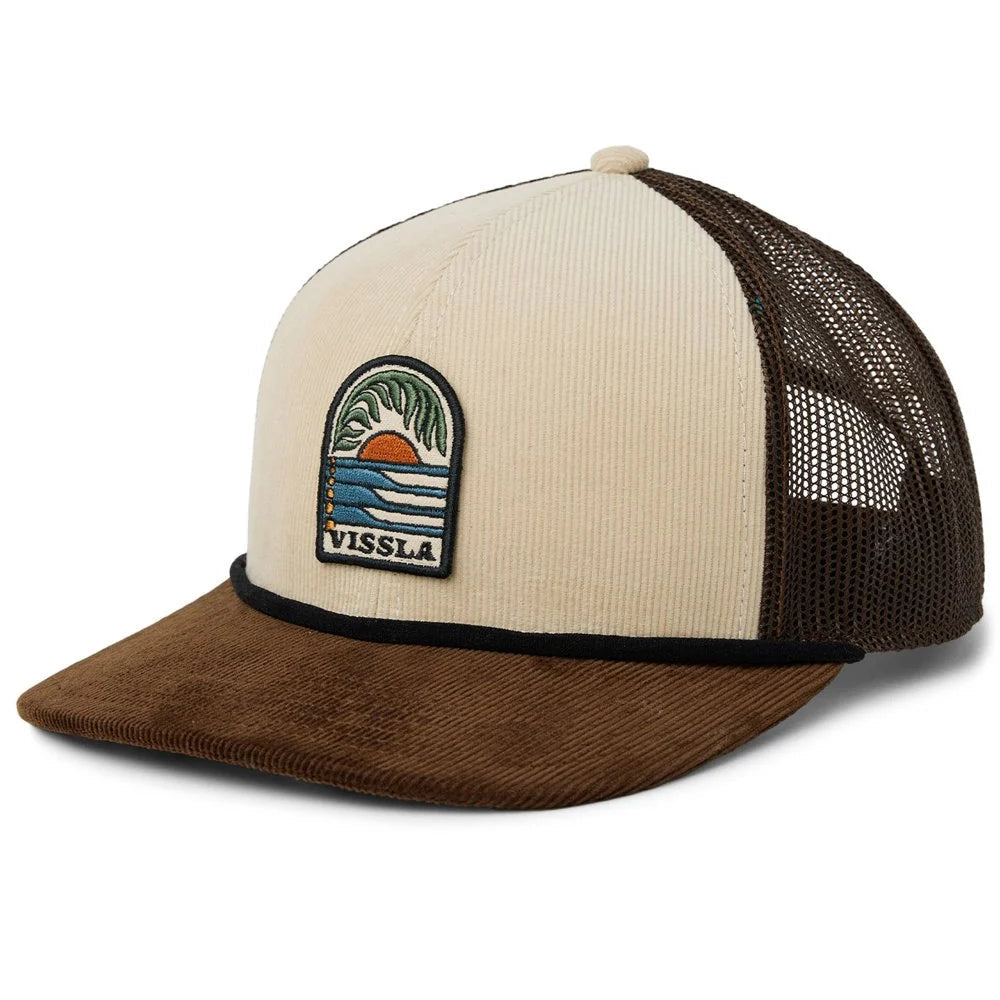 casquette trucker Vissla West Winds velours côtelé light khaki avec patch logo vue de face