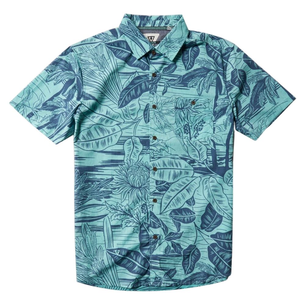 chemise hawaienne homme verte a fleurs bleues vue de face
