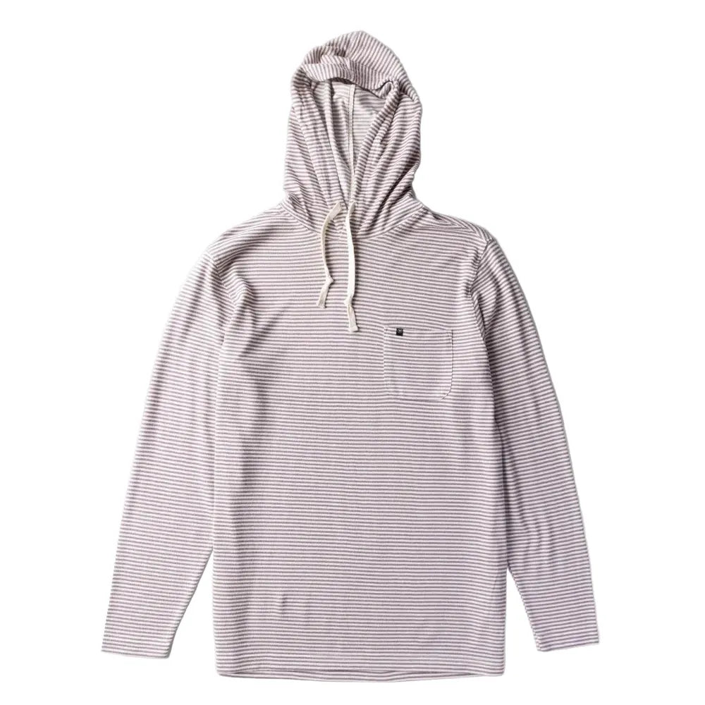 Sweat à capuche surfwear Vissla Bonfire gris vu de face, avec poche poitrine plaquée et cordons de serrage