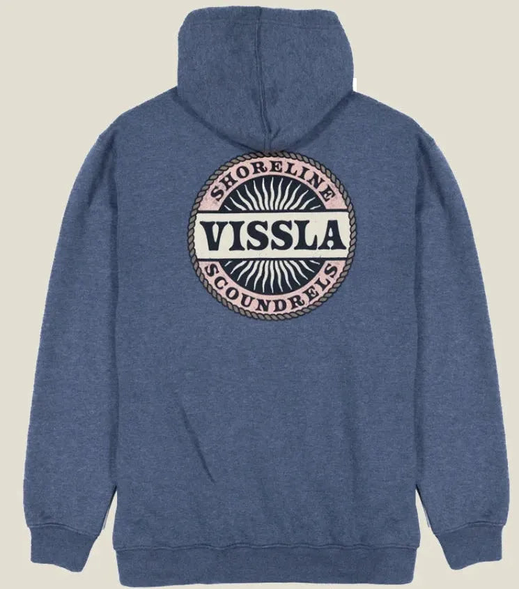 Grand emblème circulaire Vissla au dos du hoodie Scoundrels bleu, avec lettrage central et anneaux décoratifs contrastés