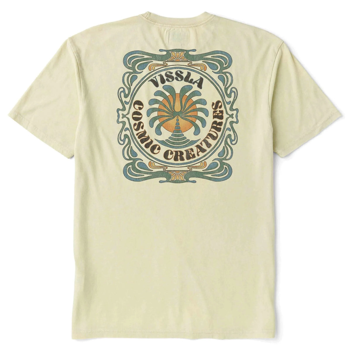 tee shirt homme blanc cassé manches courtes avec logo dans le dos retro 70s surf bleu vissla