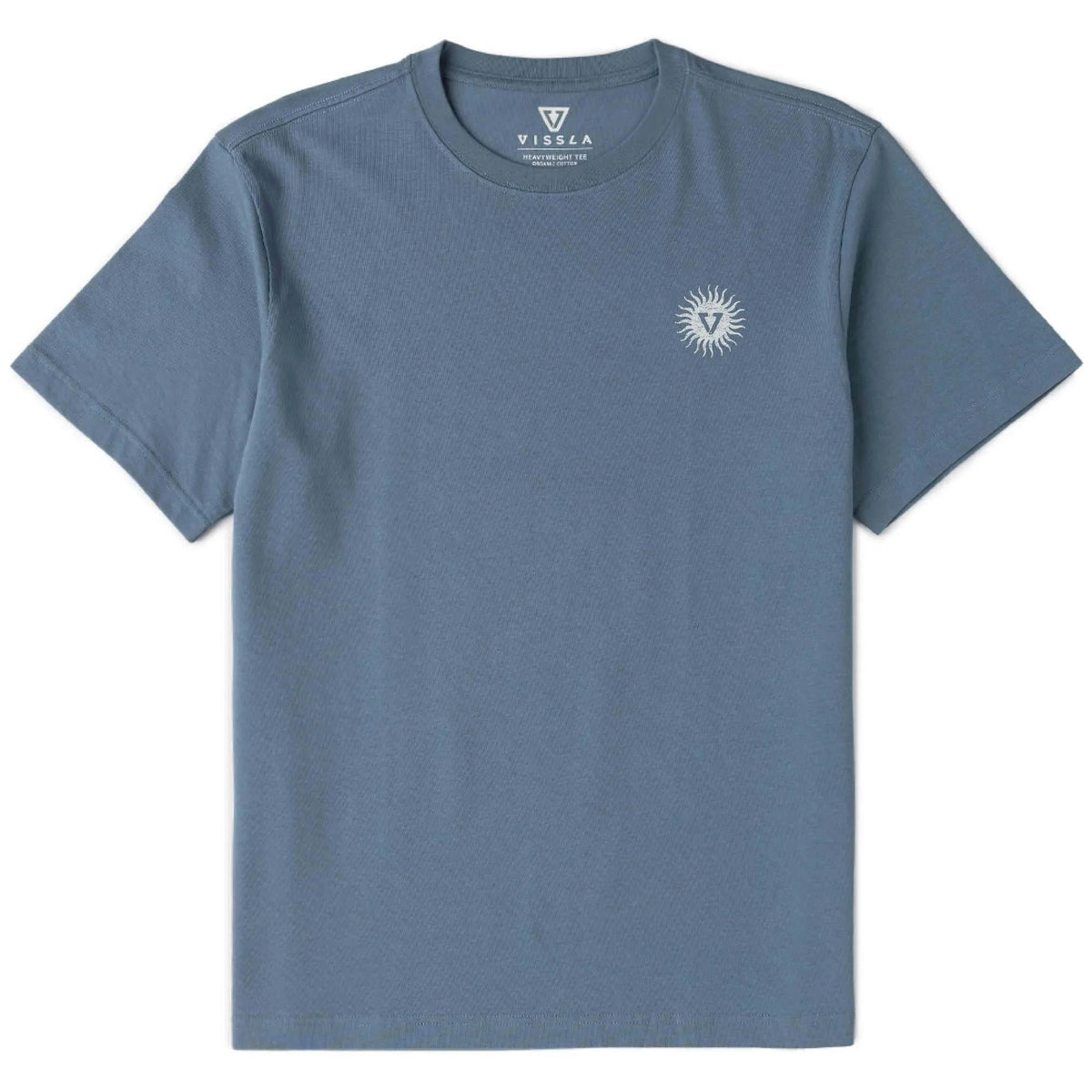 tee shirt oversize bleu homme manches courtes logo poitrine blanc vissla vue de face