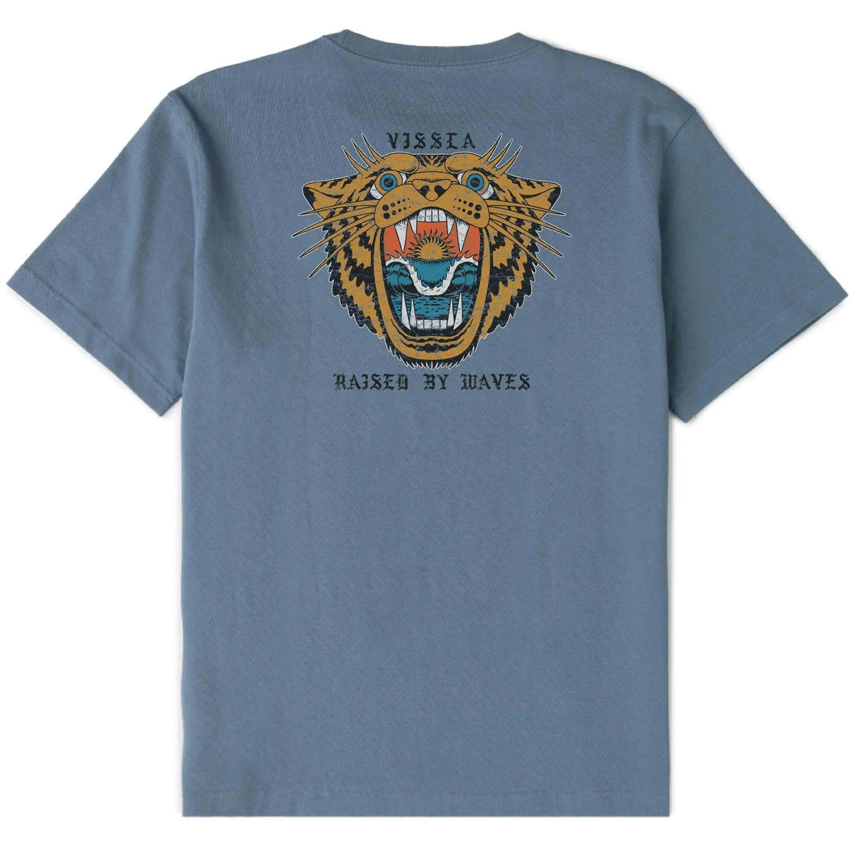 tee shirt homme bleu vissla manches courtes vue de dos avec tigre bouche ouverte et vague 