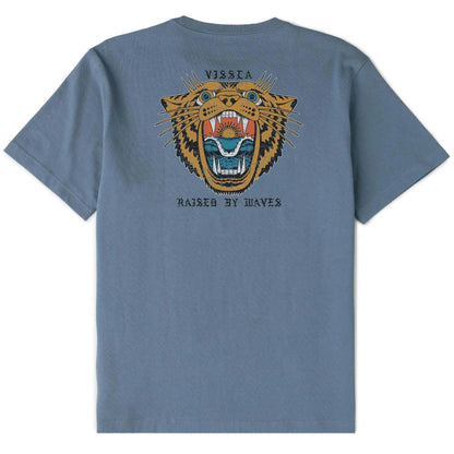 tee shirt homme bleu vissla manches courtes vue de dos avec tigre bouche ouverte et vague 