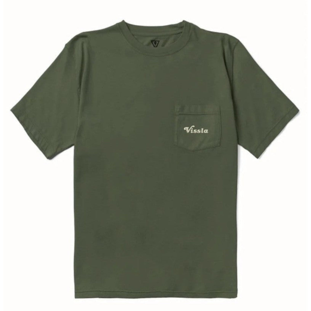 T-shirt surfwear vert olive vu de face, petit marquage Vissla discret placé sur la  poche poitrine côté cœur
